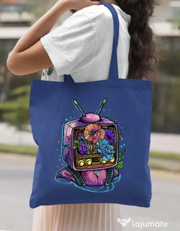Sacosa din panza Flower television Albastru regal