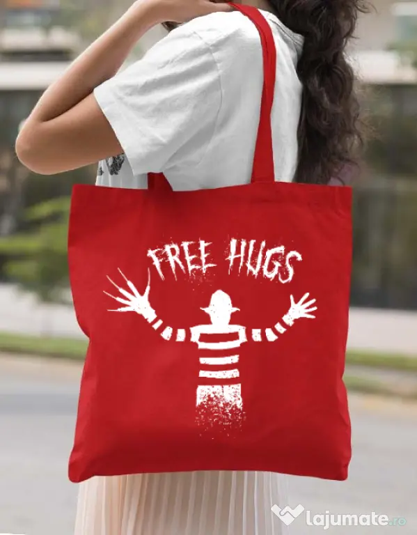 Sacosa din panza Free hugs Rosu