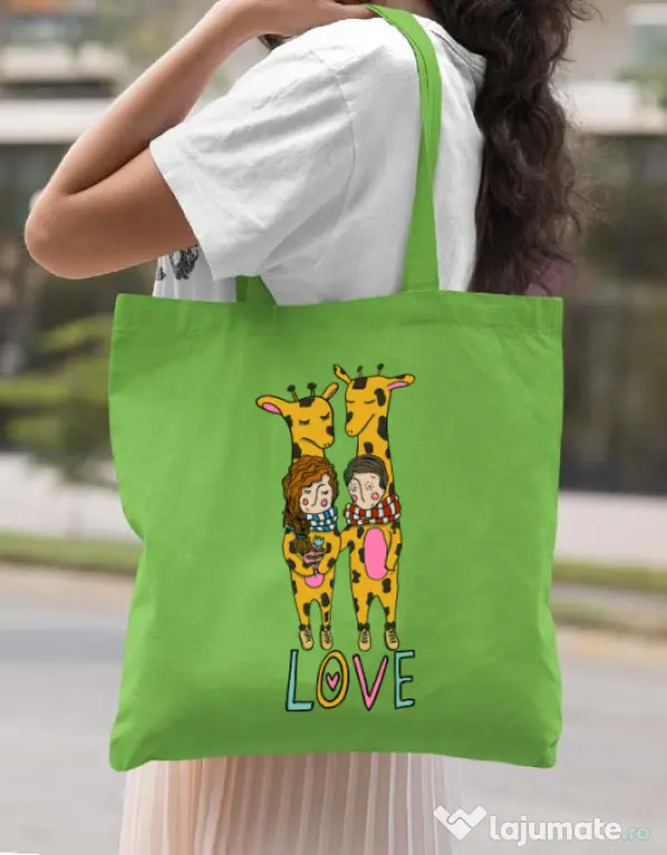 Sacosa din panza Giraffes love Verde mar