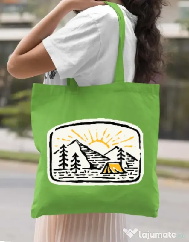 Sacosa din panza Hand drawn camp Verde mar
