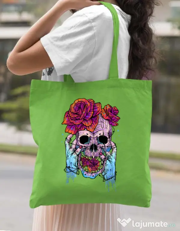Sacosa din panza Hand skull Verde mar