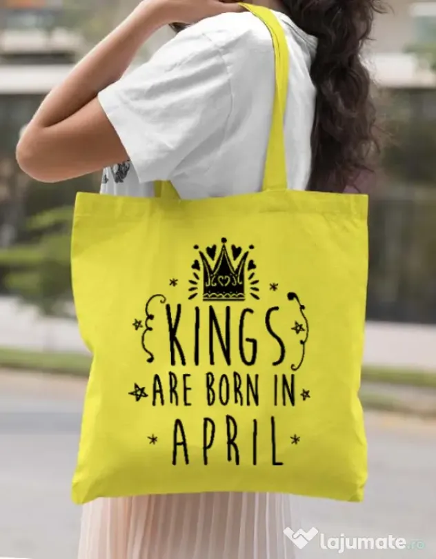 Sacosa din panza Kings are born in April Galben
