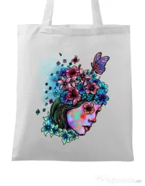 Sacosa din panza Lady and flowers Alb