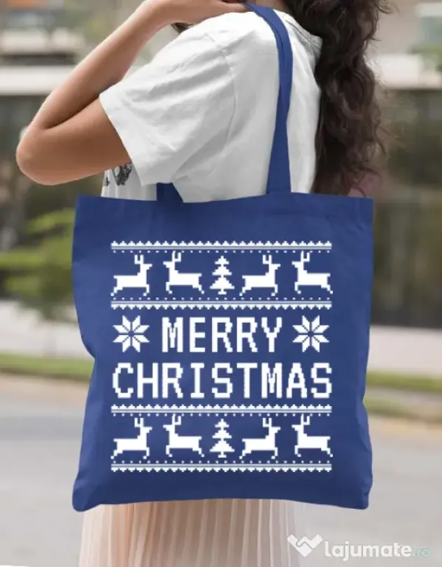 Sacosa din panza Merry Christmas Ugly Sweater Albastru regal