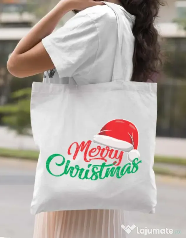 Sacosa din panza Merry schristmas 3 Alb