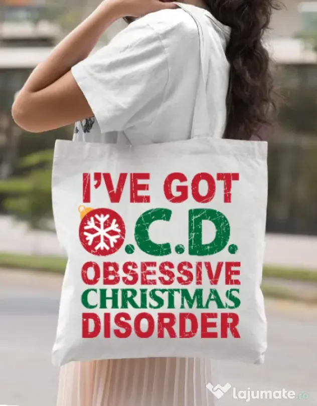 Sacosa din panza Obsessive Christmas Disorder Alb