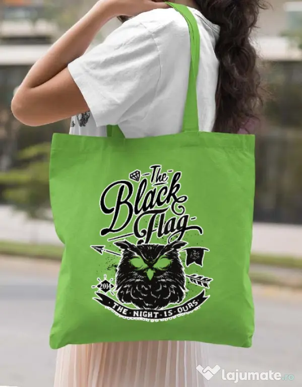 Sacosa din panza The black flag owl Verde mar