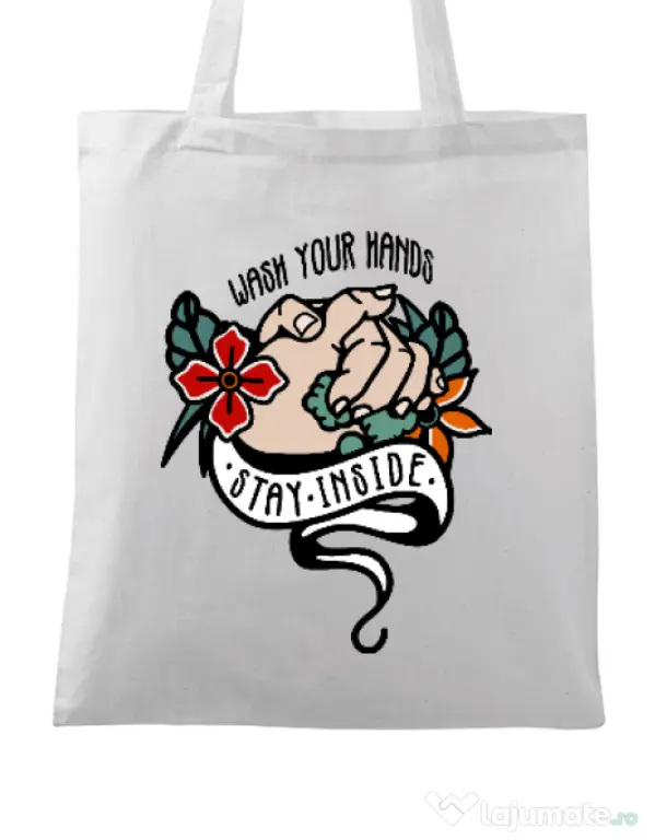 Sacosa din panza Wash your hands Alb