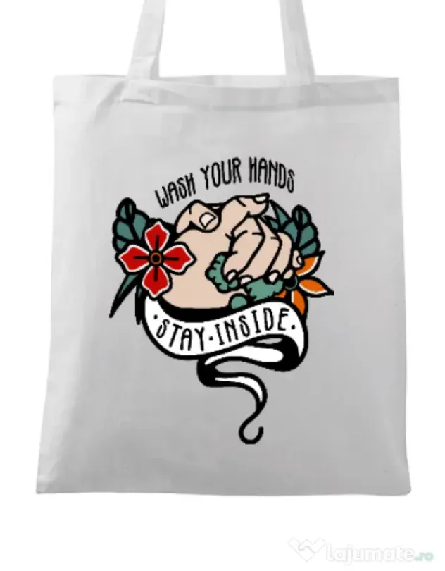 Sacosa din panza Wash your hands Alb