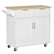 HOMCOM Cărucior Bucătărie Multifuncțional cu 2 Sertare, Dulap și 4 Roți, Spațiu Depozitare Generos, 104x46x91cm, Alb | Aosom Romania 