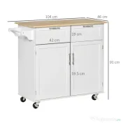 HOMCOM Cărucior Bucătărie Multifuncțional cu 2 Sertare, Dulap și 4 Roți, Spațiu Depozitare Generos, 104x46x91cm, Alb | Aosom Romania 