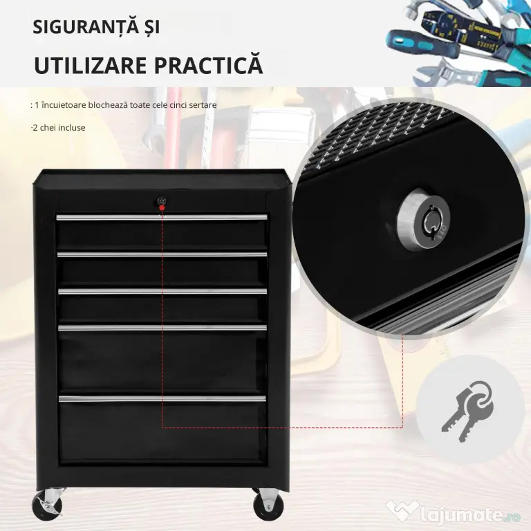Carucior scule pentru atelier HOMCOM, 61.5x33x85cm negru | Aosom Romania
