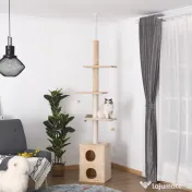 PawHut Stâlp Zgâriat Pod Multinivel, 210-240 cm, Frânghie Iuta, Design Inovator, Galben | Aosom Romania