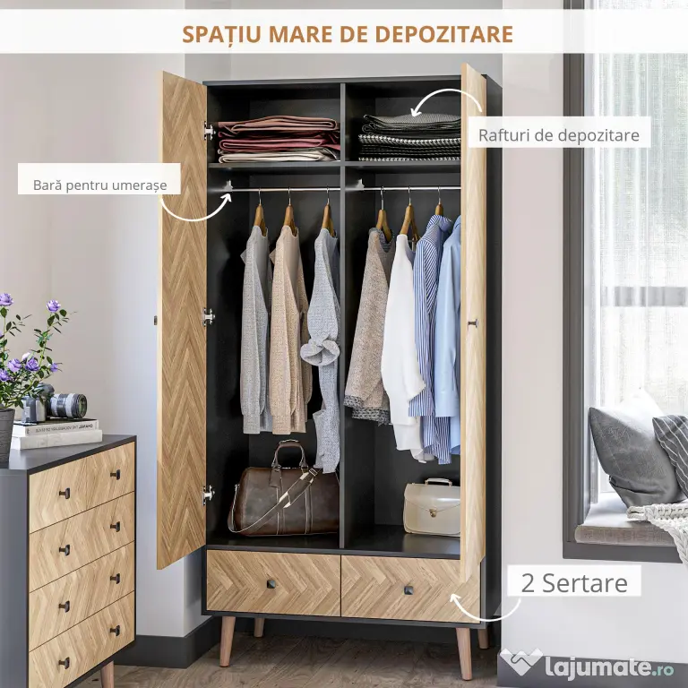 HOMCOM Dulap din lemn cu doua usi: 4 compartimente, 2 umerase si sertare culoare gri inchis, 90x50x190 cm | Aosom Romania