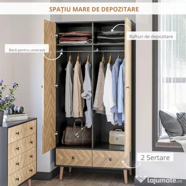 HOMCOM Dulap din lemn cu doua usi: 4 compartimente, 2 umerase si sertare culoare gri inchis, 90x50x190 cm | Aosom Romania