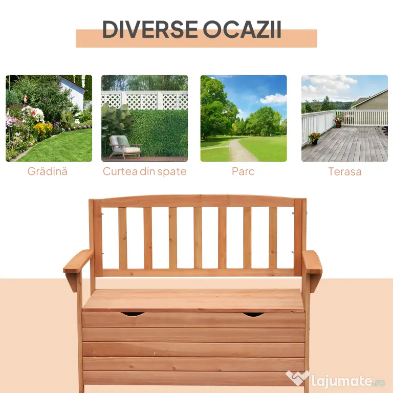 Outsunny Bancă de Grădină pentru 2 Persoane cu Spațiu de Depozitare, din Lemn, Rezistentă la Intemperii, 112x58x84 cm | Aosom Romania