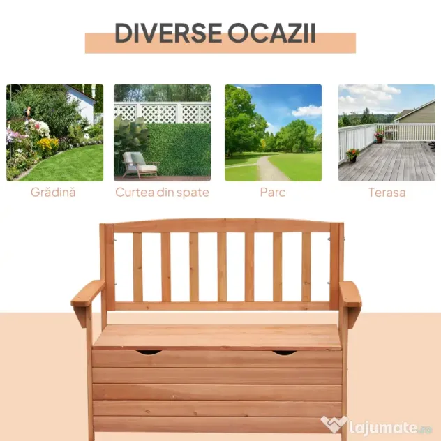 Outsunny Bancă de Grădină pentru 2 Persoane cu Spațiu de Depozitare, din Lemn, Rezistentă la Intemperii, 112x58x84 cm | Aosom Romania