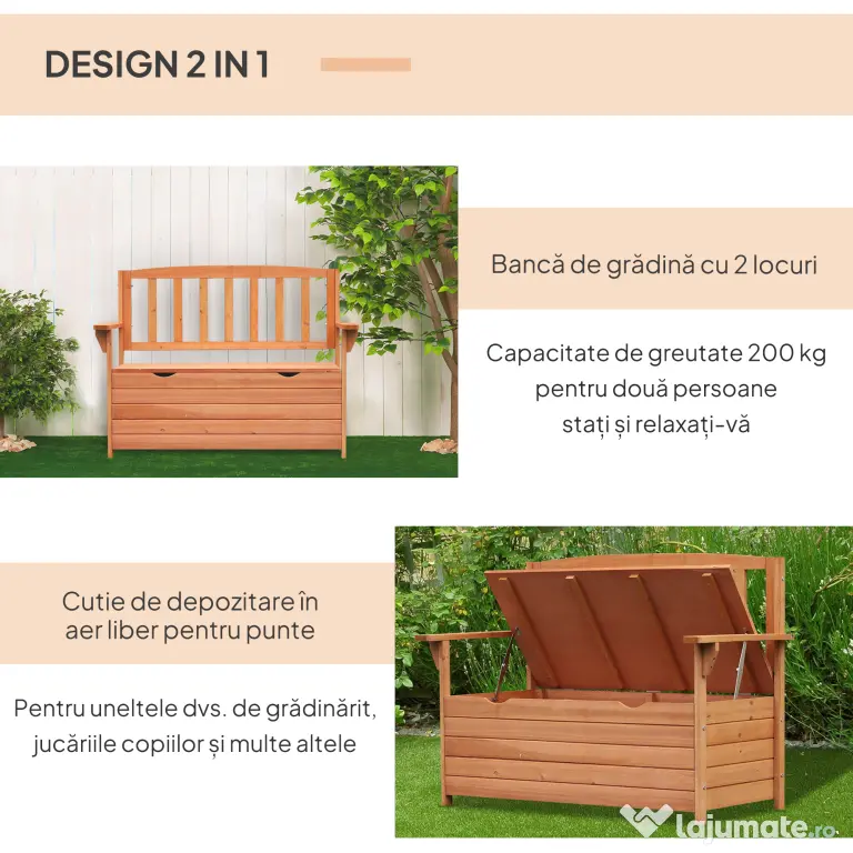 Outsunny Bancă de Grădină pentru 2 Persoane cu Spațiu de Depozitare, din Lemn, Rezistentă la Intemperii, 112x58x84 cm | Aosom Romania