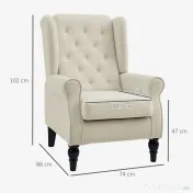 HOMCOM Scaun Decorativ Capitonat cu Spatar Inalt, Cotiere Rotunjite Captusite și Sezut cu Captuseala Groasa, Alb Crem | Aosom Romania