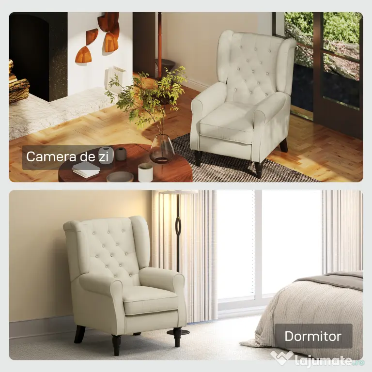 HOMCOM Scaun Decorativ Capitonat cu Spatar Inalt, Cotiere Rotunjite Captusite și Sezut cu Captuseala Groasa, Alb Crem | Aosom Romania
