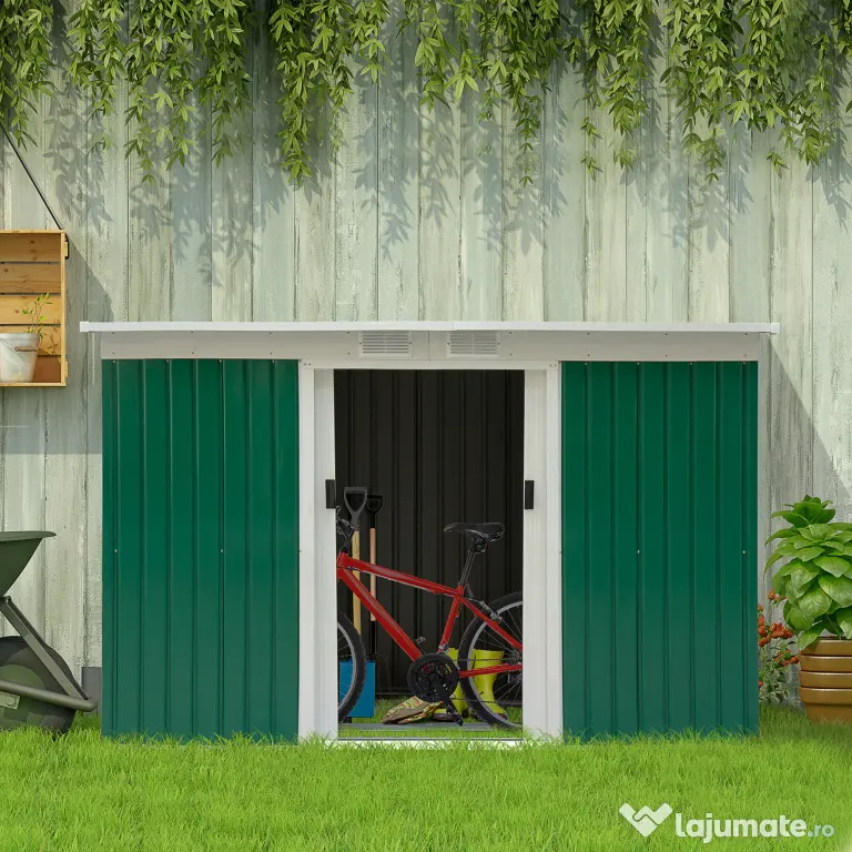 Outsunny Magazie de Grădină pentru Unelte, cu Uși Glisante și Ventilație, 277x130x173 cm, Verde | Aosom Romania