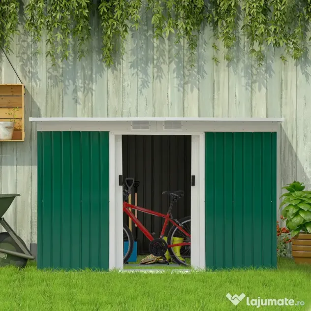 Outsunny Magazie de Grădină pentru Unelte, cu Uși Glisante și Ventilație, 277x130x173 cm, Verde | Aosom Romania