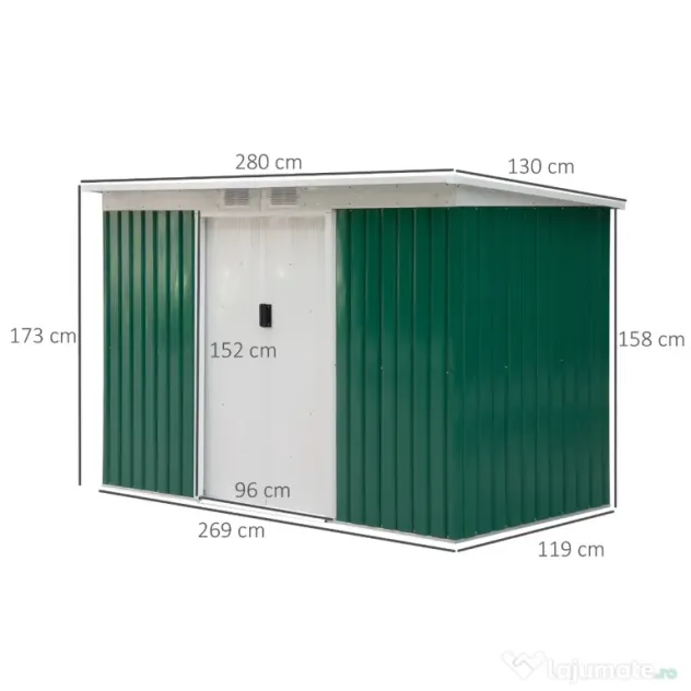 Outsunny Magazie de Grădină pentru Unelte, cu Uși Glisante și Ventilație, 277x130x173 cm, Verde | Aosom Romania
