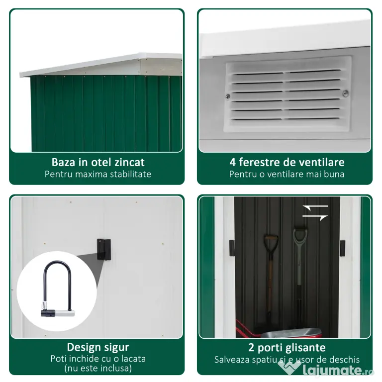 Outsunny Magazie de Grădină pentru Unelte, cu Uși Glisante și Ventilație, 277x130x173 cm, Verde | Aosom Romania