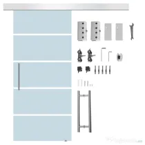 HOMCOM Ușă Glisantă din Sticlă Securizată, 102.5x205cm, Sticlă Satinată/Mată cu 4 Dungi Transparente, Include Kit de Montaj