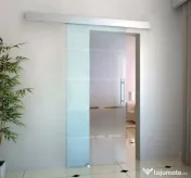 HOMCOM Ușă Glisantă din Sticlă Securizată, 102.5x205cm, Sticlă Satinată/Mată cu 4 Dungi Transparente, Include Kit de Montaj 