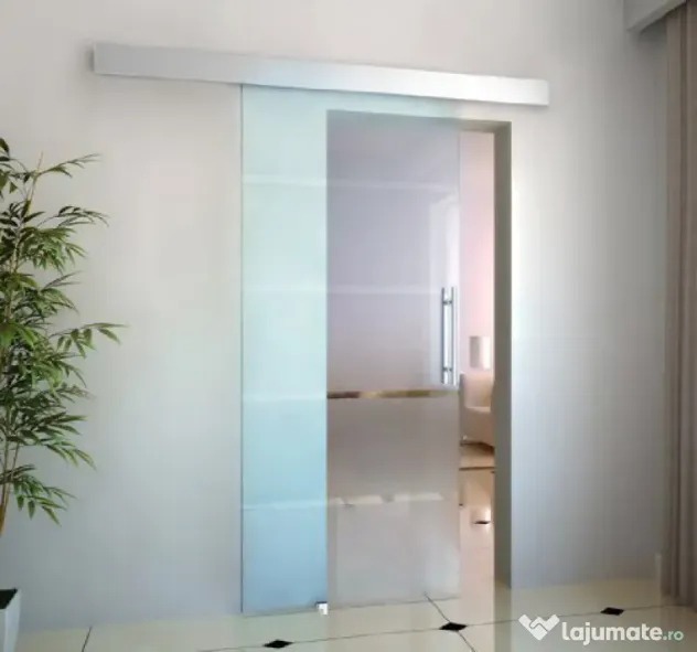HOMCOM Ușă Glisantă din Sticlă Securizată, 102.5x205cm, Sticlă Satinată/Mată cu 4 Dungi Transparente, Include Kit de Montaj