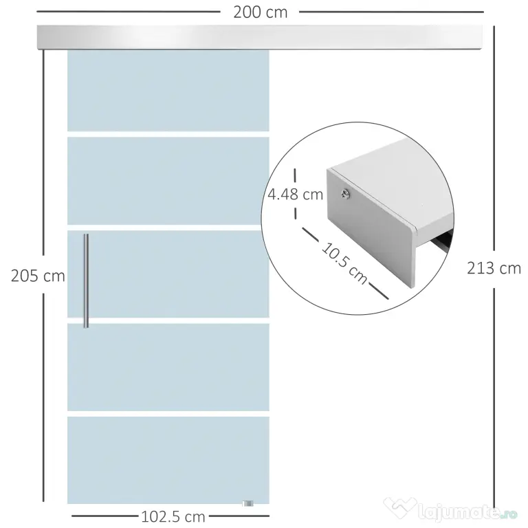 HOMCOM Ușă Glisantă din Sticlă Securizată, 102.5x205cm, Sticlă Satinată/Mată cu 4 Dungi Transparente, Include Kit de Montaj