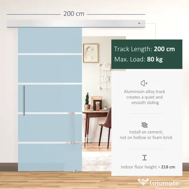 HOMCOM Ușă Glisantă din Sticlă Securizată, 102.5x205cm, Sticlă Satinată/Mată cu 4 Dungi Transparente, Include Kit de Montaj