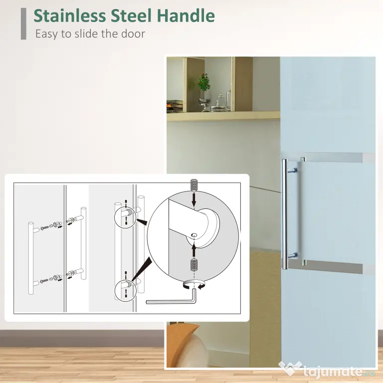 HOMCOM Ușă Glisantă din Sticlă Securizată, 102.5x205cm, Sticlă Satinată/Mată cu 4 Dungi Transparente, Include Kit de Montaj