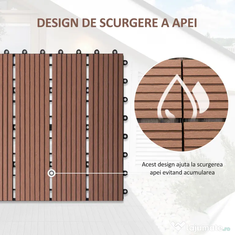 Outsunny Pardoseala Modulara de Exterior, Set 11 Placi Interblocabile tip Deck, Dale Pavaj pentru Gradina, Balcon sau Terasa, 30x30 cm, Maro