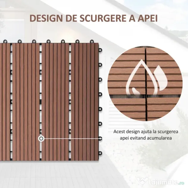 Outsunny Pardoseala Modulara de Exterior, Set 11 Placi Interblocabile tip Deck, Dale Pavaj pentru Gradina, Balcon sau Terasa, 30x30 cm, Maro