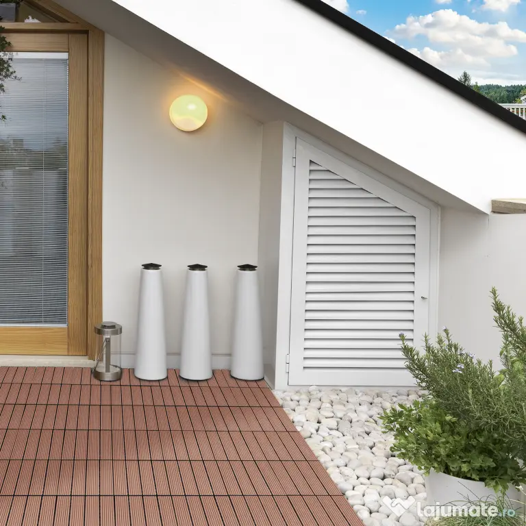 Outsunny Pardoseala Modulara de Exterior, Set 11 Placi Interblocabile tip Deck, Dale Pavaj pentru Gradina, Balcon sau Terasa, 30x30 cm, Maro