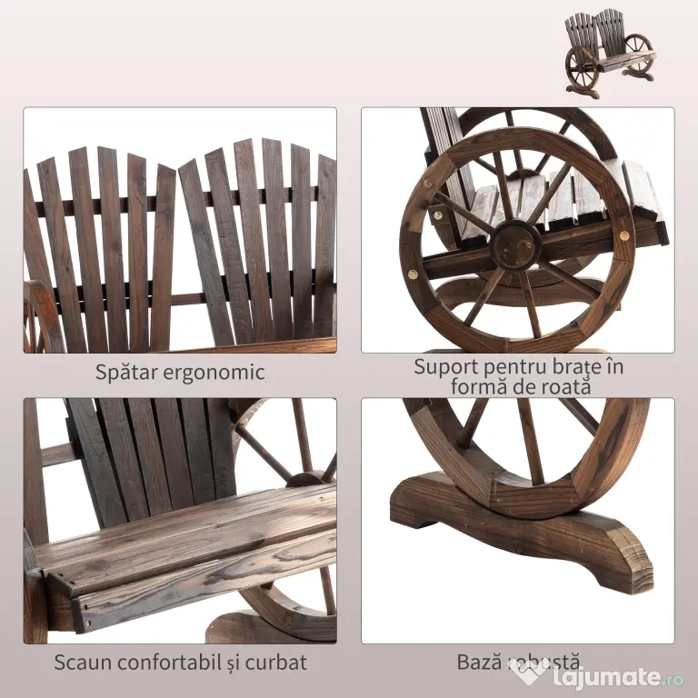 Outsunny Bancă de Grădină Rustică din Lemn, Design cu Roți de Căruță, 108x66x95 cm | Aosom Romania