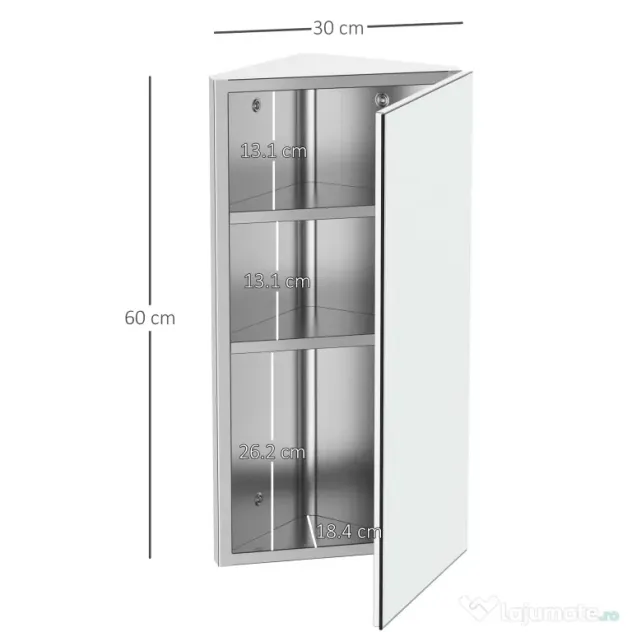 HOMCOM Dulap Unghiular de Baie cu Oglindă și 3 Rafturi Interioare, din Oțel, 60x30x18.4 cm | Aosom Romania