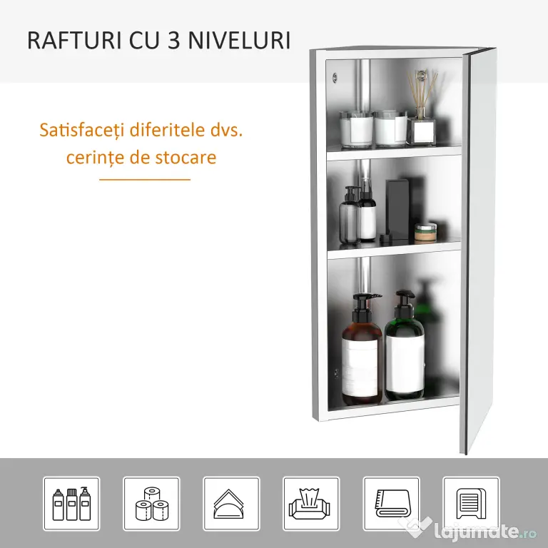 HOMCOM Dulap Unghiular de Baie cu Oglindă și 3 Rafturi Interioare, din Oțel, 60x30x18.4 cm | Aosom Romania