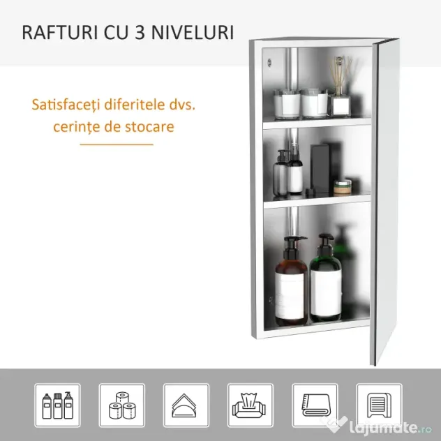 HOMCOM Dulap Unghiular de Baie cu Oglindă și 3 Rafturi Interioare, din Oțel, 60x30x18.4 cm | Aosom Romania