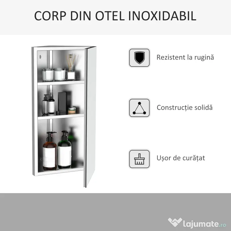HOMCOM Dulap Unghiular de Baie cu Oglindă și 3 Rafturi Interioare, din Oțel, 60x30x18.4 cm | Aosom Romania