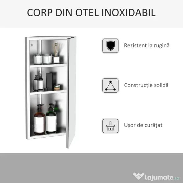 HOMCOM Dulap Unghiular de Baie cu Oglindă și 3 Rafturi Interioare, din Oțel, 60x30x18.4 cm | Aosom Romania
