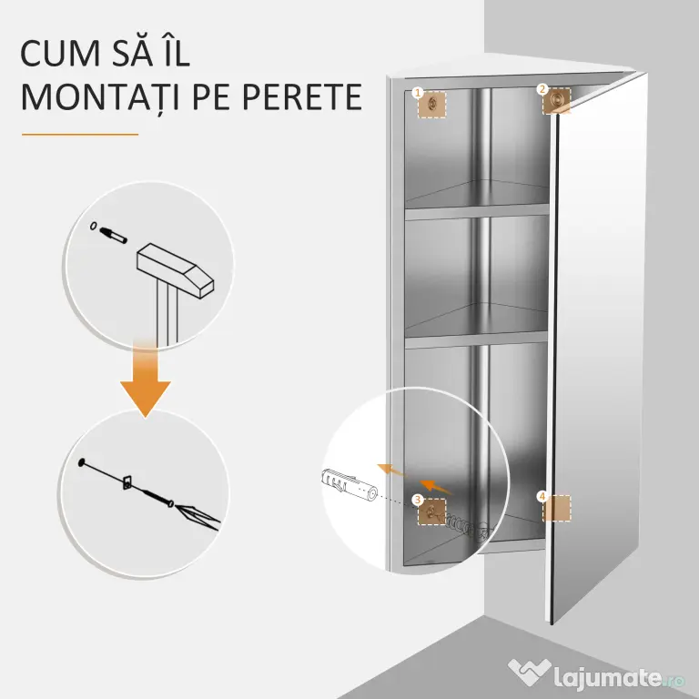 HOMCOM Dulap Unghiular de Baie cu Oglindă și 3 Rafturi Interioare, din Oțel, 60x30x18.4 cm | Aosom Romania