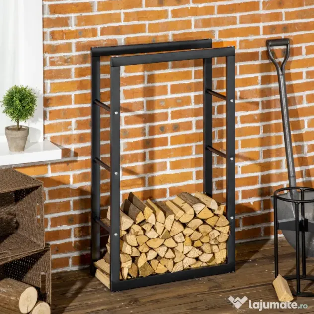 Suport pentru lemn pentru casa si gradina din fier negru, design modern si elegant 60×25×100cm HOMCOM | Aosom Romania
