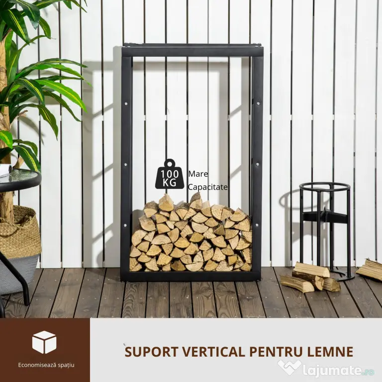 Suport pentru lemn pentru casa si gradina din fier negru, design modern si elegant 60×25×100cm HOMCOM | Aosom Romania