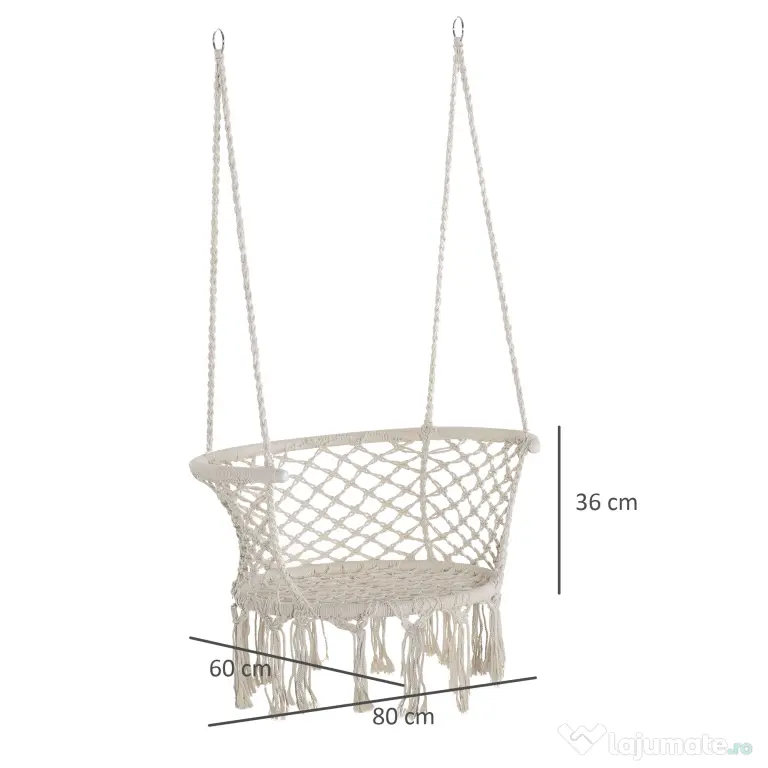 Outsunny Scaun Suspendat Stil Boho Chic din Poliester și Macramé, Crem, Design Confortabil pentru Interior și Exterior, 80x60x36 cm | Aosom Romania