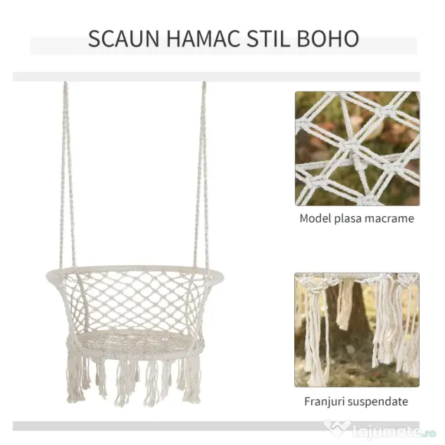 Outsunny Scaun Suspendat Stil Boho Chic din Poliester și Macramé, Crem, Design Confortabil pentru Interior și Exterior, 80x60x36 cm | Aosom Romania