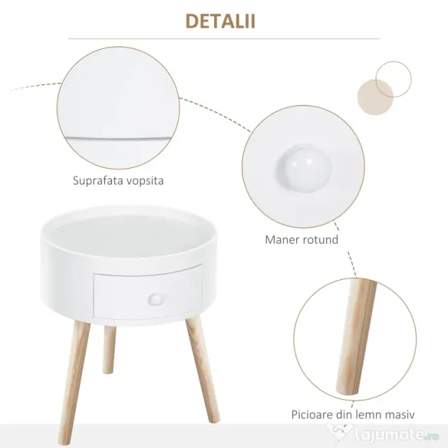 HOMCOM Masa de Salon Moderna cu Sertar in Lemn, Alb, Ф38x45cm | Aosom Romania