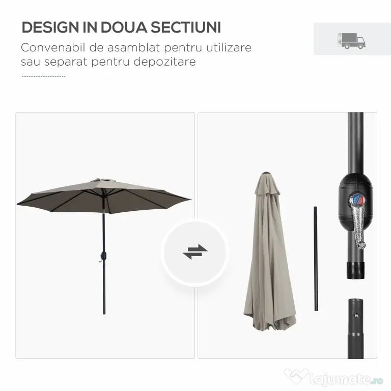 Outsunny Umbrelă de Soare pentru Plajă Impermeabilă, Oțel, Gri Φ3x2.45m | Aosom Romania